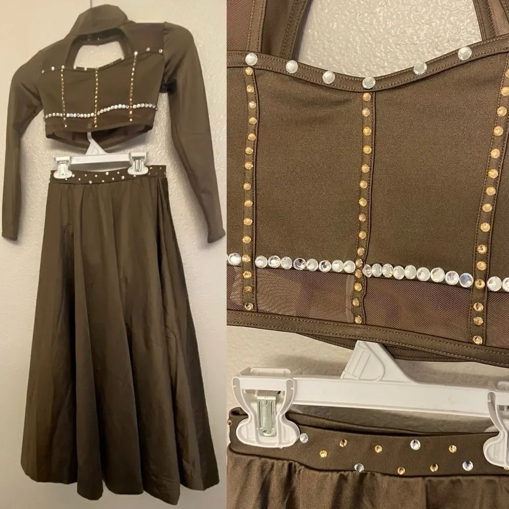 Weissman custom solo dance costume 2 piece brown maxi skirt caged top SH12603 IC